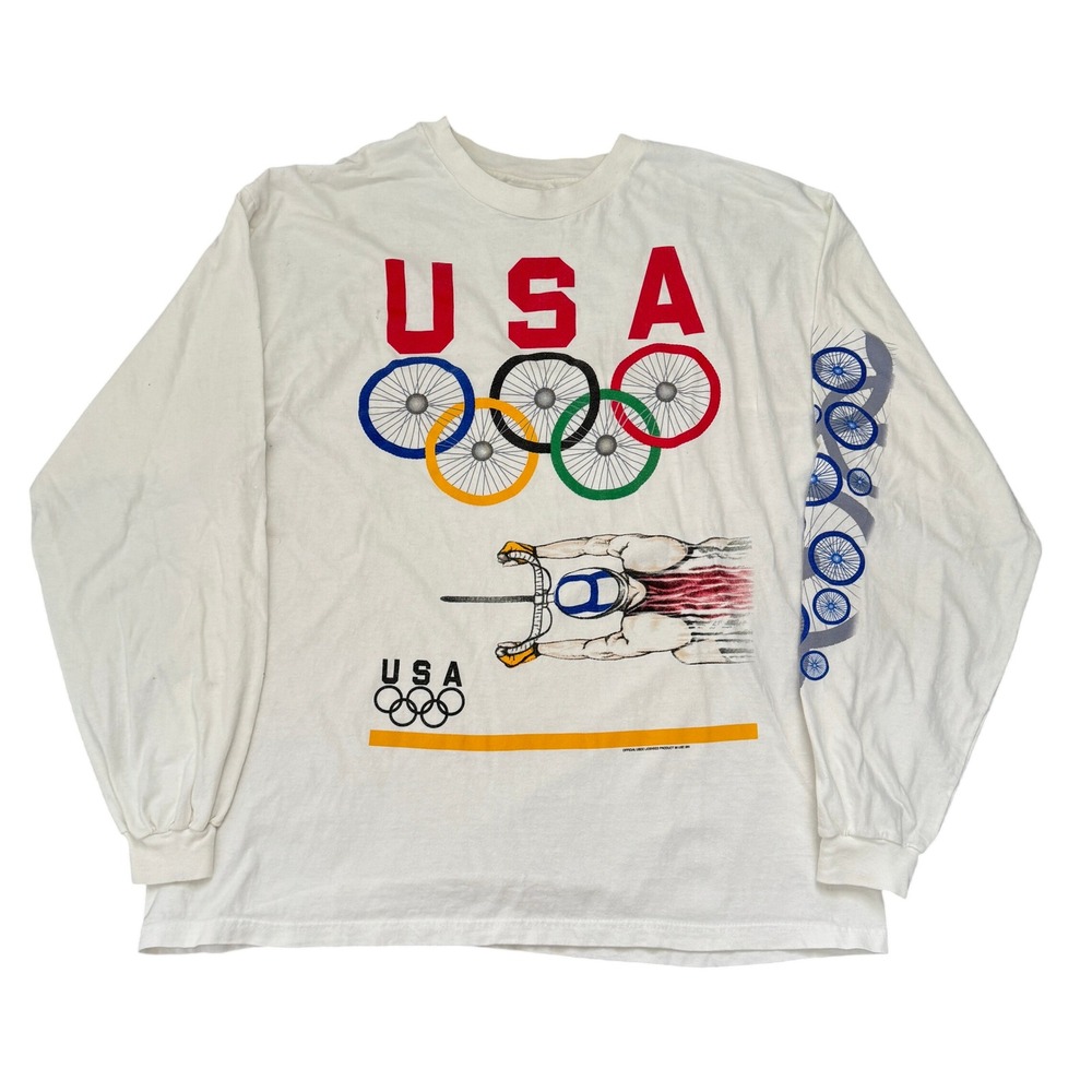 Vintage Hanes Beefy-T USA Olympics Cycling Long Sleeve Shirt XL White 90s
